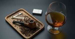 pipe smoking accessories: pipe, lighter, pipe tool, bourbon